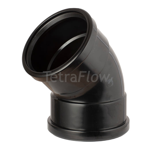 Tetraflow 110mm Push Fit Soil 45 Bend Double Socket Black - THE DRAINAGE DISTRIBUTION COMPANY LTD
