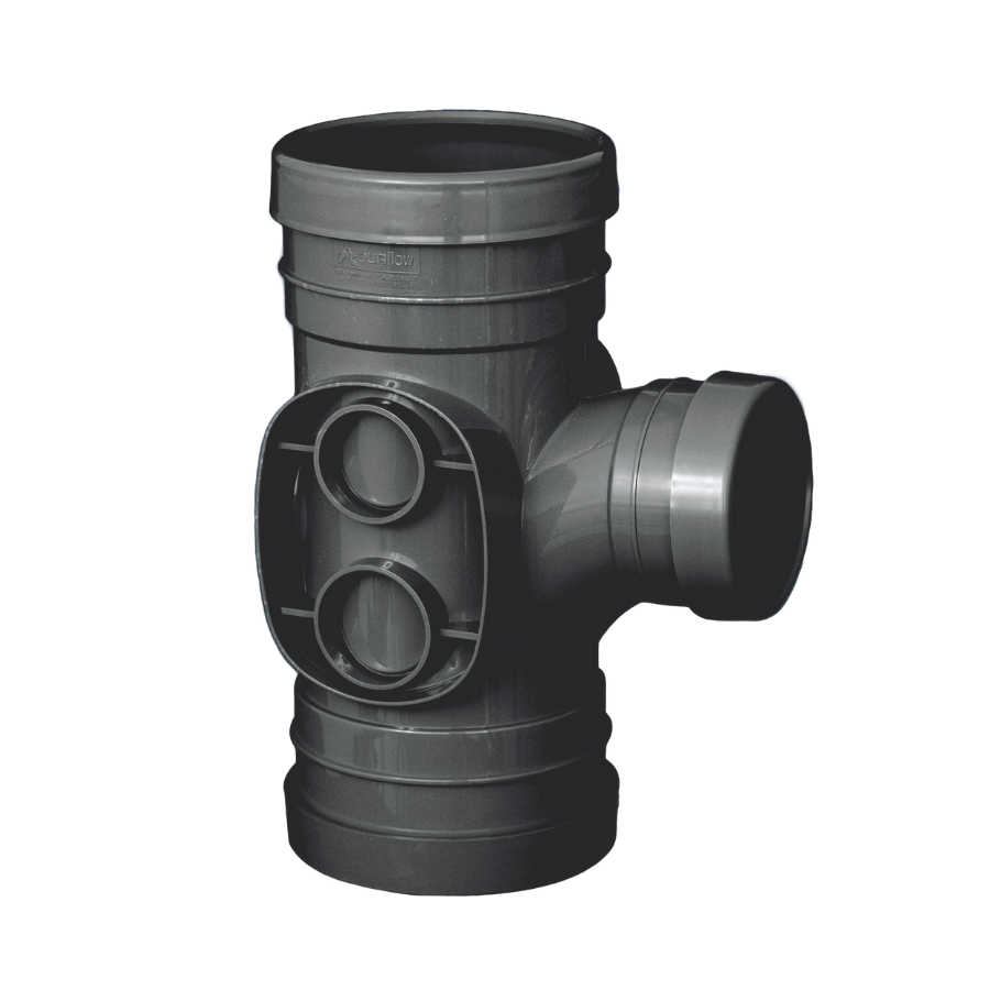 160mm x 110mm Push Fit Soil Branch 92 Triple Socket Reduced Tee Black (63mm Boss) - drainagedistribution.co.uk